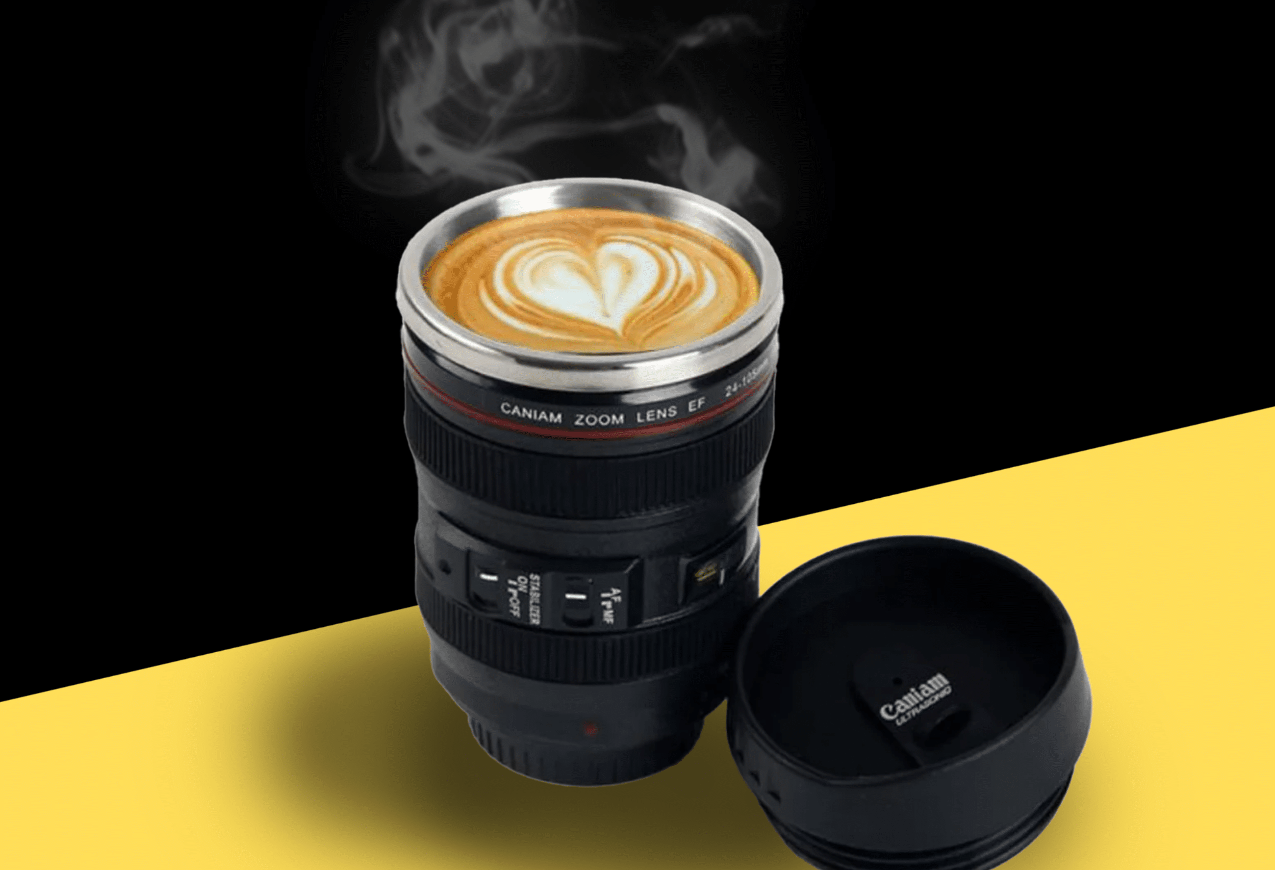 camera lens as a cup of hot coffee